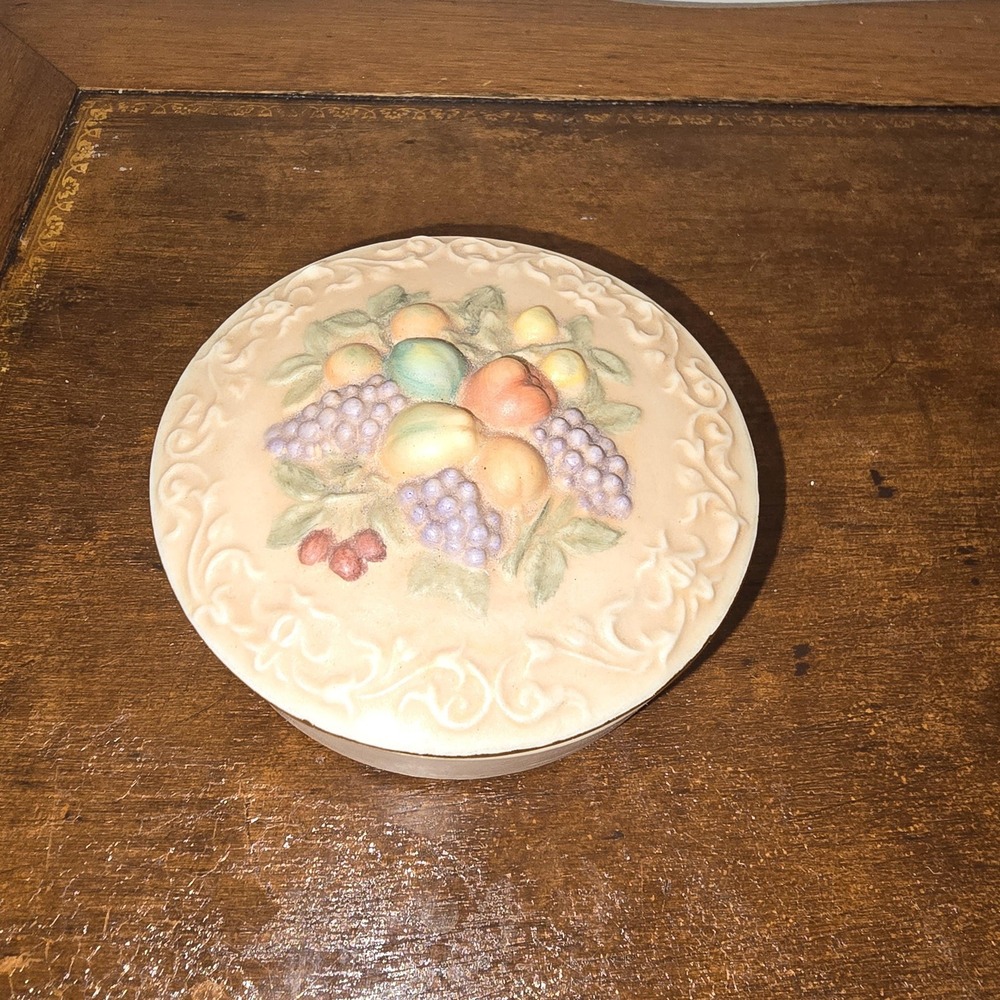 Vintage Jacquelines Porcelain Trinket Box Hand Painted Fruit Lid Vanity Dish